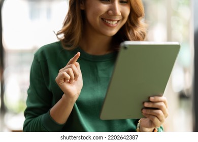 Young Asian Woman, Company Worker, Smiling And Holding Digital Tablet, Standing In Her Office.