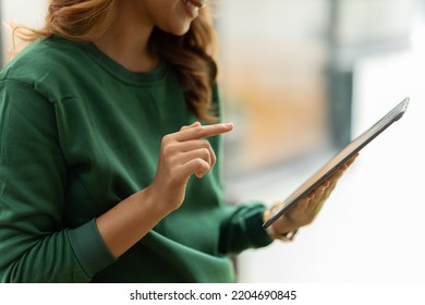 Young Asian Woman, Company Worker, Smiling And Holding Digital Tablet, Standing In Her Office.