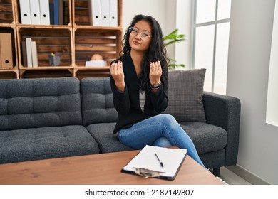 Young Asian Woman At Consultation Office Doing Money Gesture With Hands, Asking For Salary Payment, Millionaire Business 