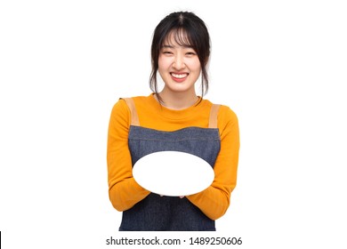 Young Asian Woman Cook Or Baker Holding Empty White Plate Or Dish Isolated On White Background, Chef Bakery Female Concept