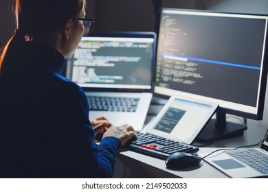 Young Asian woman, developer programmer, software engineer, IT support, wearing glasses working hard at nitght overtime on computer to check coding in bugging system. Back view - Shutterstock ID 2149502033
