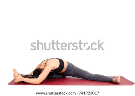 young asian woman doing yoga stretching pose on the mat isolated on white background, exercise fitness, sport training, healthy lifestyle and people concept