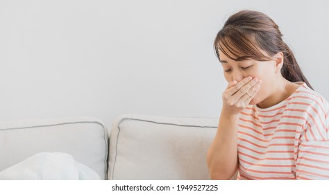 Young Asian Woman Drunk Or Sick Vomiting.woman Have Very Bad Morning Sickness.Pregnant, Pregnancy, Tummy.Woman Suffering From Nausea, Vomit Symptoms.Stomach Infection Due To Food Poisoning.Healthcare.