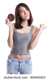 Young Asian Woman Eating Chocolate Chip Cookies, Isolated On White Background.