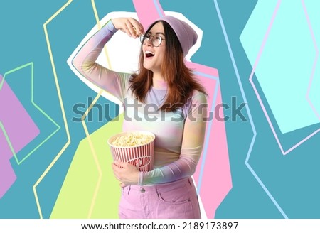 Similar – Image, Stock Photo Cheerful young woman watching a movie