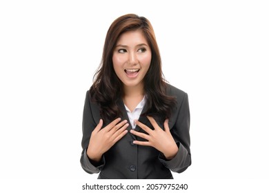 Young Asian woman feeling shocked and excited screams,amazed and happy because of an unexpected surprise, concept of human emotions and facial expression,portrait of beautiful Asian woman