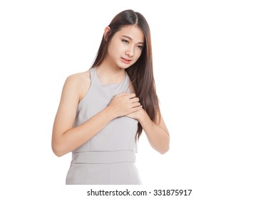 Young Asian Woman Got Chest Pain  Isolated On White Background