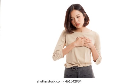 Young Asian Woman Got Chest Pain  Isolated On White Background .