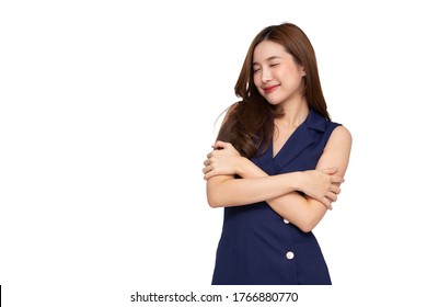 Young Asian Woman Hugging Herself Isolated On White Background. Love Yourself Concept