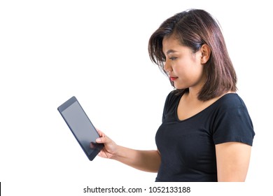 Young Asian Woman Looking At Blank Screen Tablet, For Mobile Phone Or Tablet Application Concept, Isolated, White Background