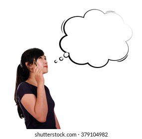 Young Asian woman looking at comic cloud drawing for copy space, isolated on white background