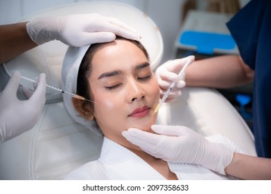 Young Asian Woman Making Cosmetology Treatment Skin Injection, Mesotherapy Of Face Beauty Care