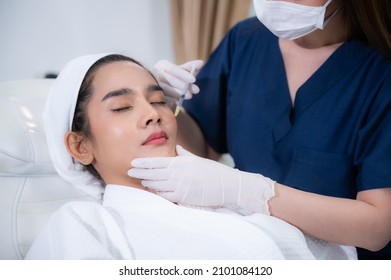 Young Asian Woman Making Cosmetology Treatment Skin Injection, Mesotherapy Of Face Beauty Care