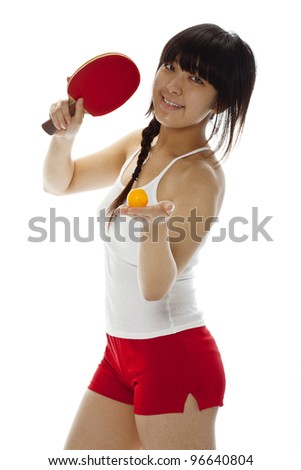 Young Asian woman with a ping-pong racket isolated on white. Closeup, vertical composition