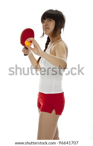 Young Asian woman with a ping-pong racket isolated on white. Closeup, vertical composition