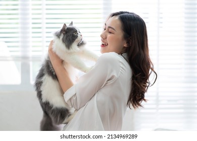 Young Asian Woman Playing With Cat At Home