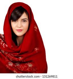 Young Asian Woman Portrait Wearing A Red Head Scarf Isolated On White.