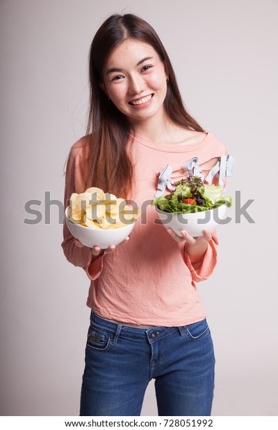 Young Asian Woman Potato Chips Salad Stock Photo Edit Now