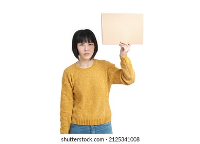 Young Asian Woman Protesting With Board, Isolated On White Background.