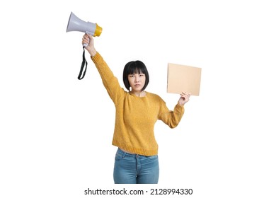 Young Asian Woman Protesting With Board And Megaphone, Isolated On White Background.