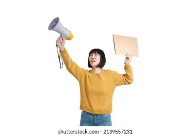 Young Asian Woman Protesting With Board And Megaphone, Isolated On White Background.