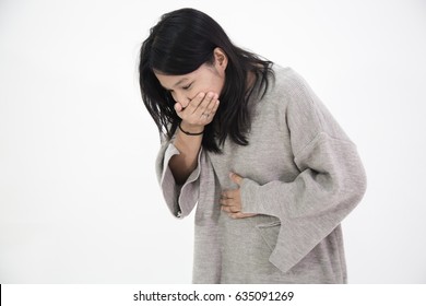 Young Asian Woman Is Puke Because She Is Pregnant, She Is Having Morning Sickness, Isolated On White Background 