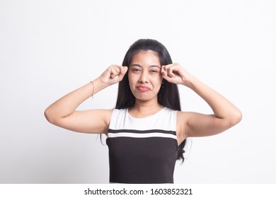 Young Asian woman sad and cry on white background