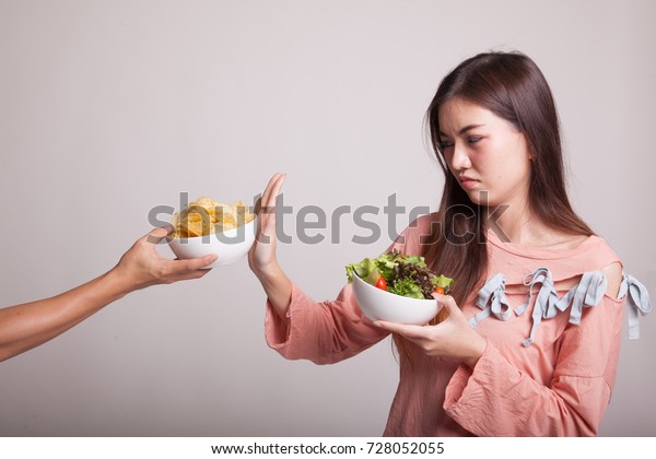 Young Asian Woman Salad Say No Stock Photo 728052055 Shutterstock