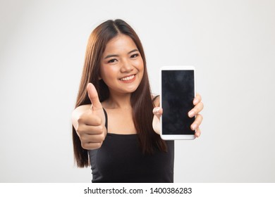 Young Asian Woman Show Thumb Up  With Mobile Phone On White Background