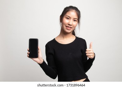 Young Asian Woman Show Thumb Up  With Mobile Phone On White Background