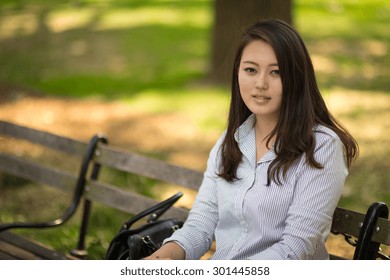 Young Asian Woman Sitting Park Bench Portrait Face