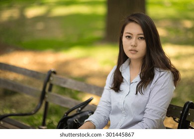 Young Asian Woman Sitting Park Bench Portrait Face