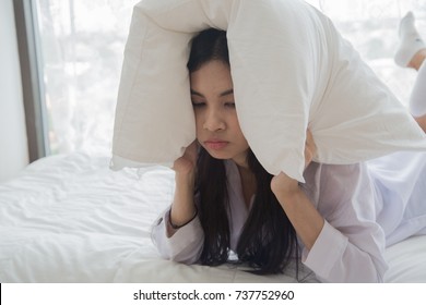 Young Asian Woman Sleep In Bed Don't Want To Wake Up, Lazy Young Asian Woman Get Up From The Bed, Morning Concept