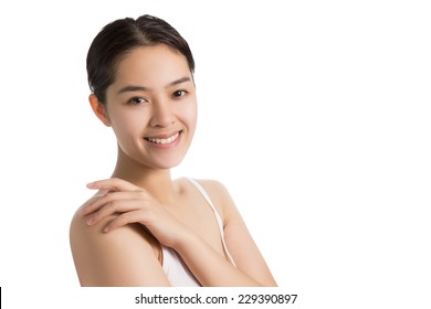 Young Asian Woman With Smiley Face And No Makeup Isolated On White Background.