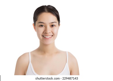 Young Asian Woman With Smiley Face And No Makeup Isolated On White Background.