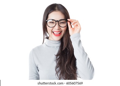 Young Asian Woman With Smiley Face Wearing Glasses Isolated On White Background.