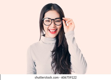 Young Asian Woman With Smiley Face Wearing Glasses,vintage Style.