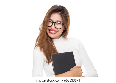 Young Asian Woman With Smiley Face Wearing Glasses With Hand Holding Book Isolated On White Background.