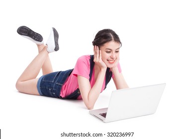 Young Asian Woman Using A Computer On White Background