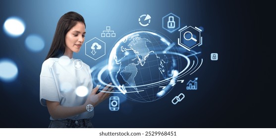 Young asian woman using tablet in hands, glowing earth globe hologram hud, internet and network icons hud. Concept of social media, digital marketing and connection - Powered by Shutterstock