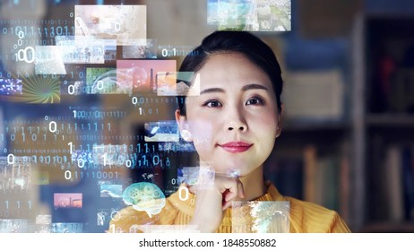 Young asian woman watching a lot of movies. Digital transformation.