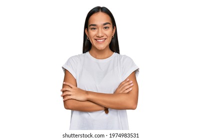 Young Asian Woman Wearing Casual White T Shirt Happy Face Smiling With Crossed Arms Looking At The Camera. Positive Person. 