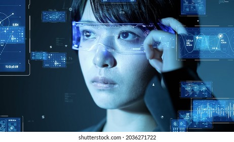 Young asian woman wearing a smart glasses. Wearable computer. Head up display.