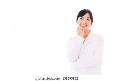 Young Asian Woman Wearing White Coat Thinking On White Background