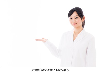 Young Asian Woman Wearing White Coat Showing On White Background