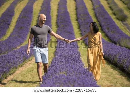A young Asian woman wearing a yellow jumpsuit dress holding her husband’s hand over a row of lavenders as they laugh and walk along a wild flower meadow in a sunny summer day in Kinross, Scotland, UK