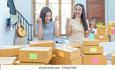 Young Asian Women Happy After New Order From Customer. Surprise And Shock Face Of Asian Woman Success On Making Big Sale Of His Online Store. Online Selling. Online Shopping
