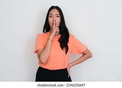 Young Asian Women Looking Camera Give Keep Silent Pose