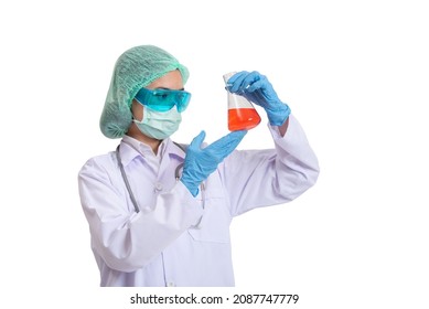 Young Asian Women Scientist With Test Tube Making Research In Clinical Laboratory Isolated On White Background, Science And Chemistry Concept, Medical Technologist