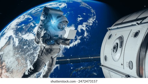 Young Astronaut Floating in Space in Zero Gravity. Spaceman Using a Laptop Computer in Open Space Outside an Orbiting Spacecraft, Browsing Instruction Manuals for Maintenance Work on a Satellite - Powered by Shutterstock